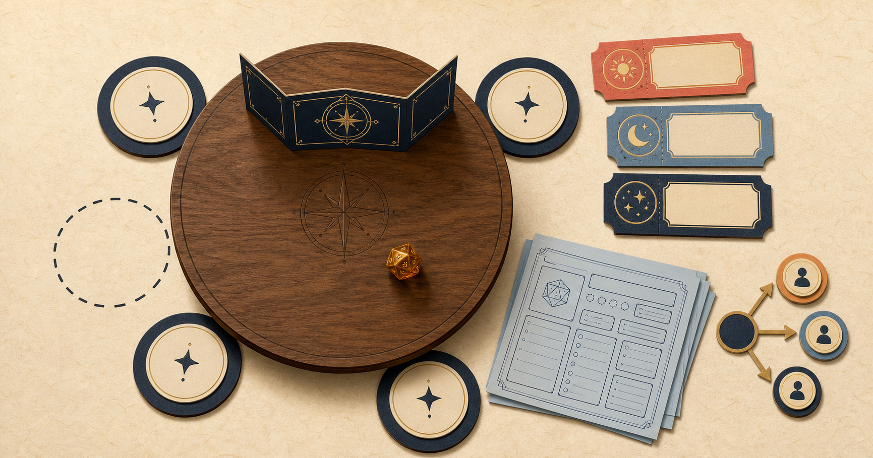Dice Seatの円卓、ダイス、空席、候補日時の卓札が並ぶ画面